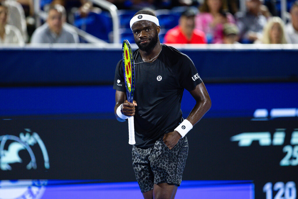Frances Tiafoe reacts after winning a point against Learner Tien at the 2026 Delray Beach Open.