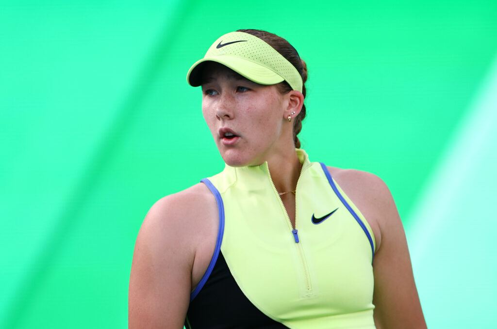 Mirra Andreeva looks on at the Dubai Tennis Championships.