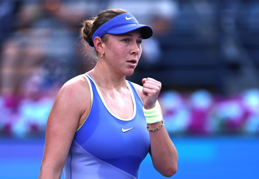 Amanda Anisimova reacts at the Dubai Tennis Championships.