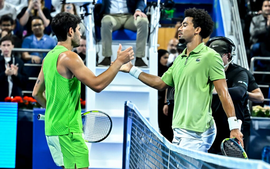 Carlos Alcaraz shakes hands with Arthur Fils after beating him in the 2026 Qatar Open final.