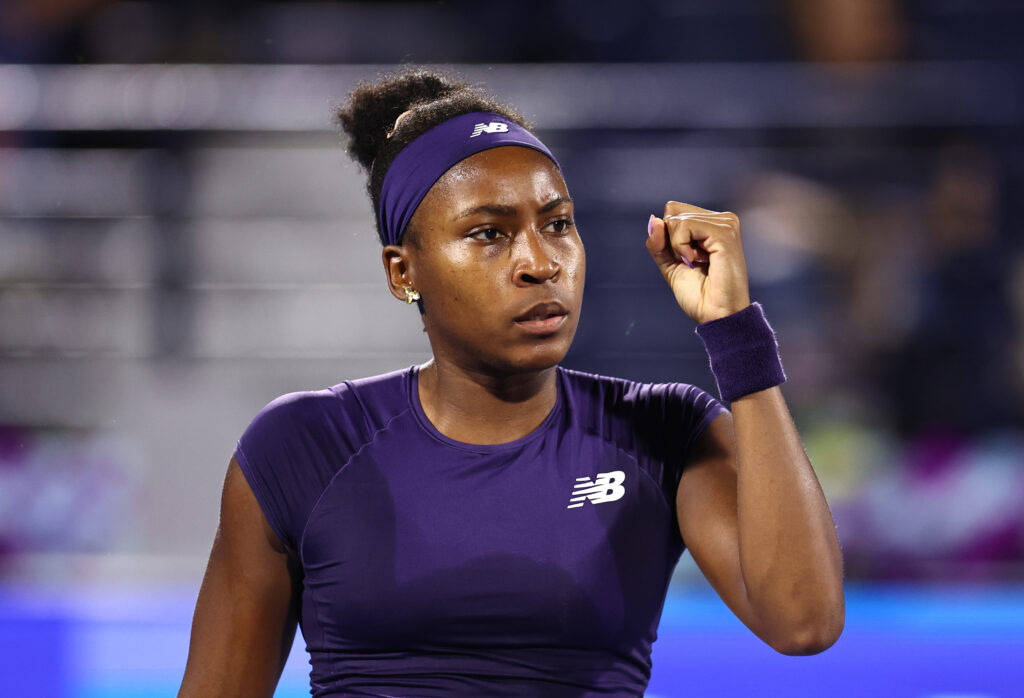 Coco Gauff celebrates in Dubai.