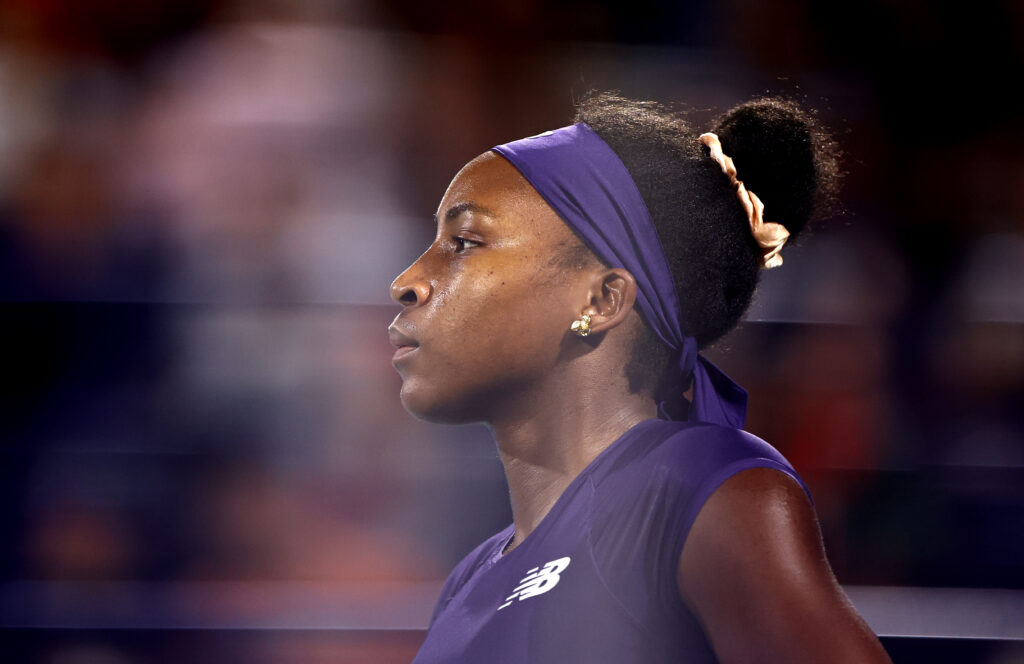 Coco Gauff looks on in Dubai.