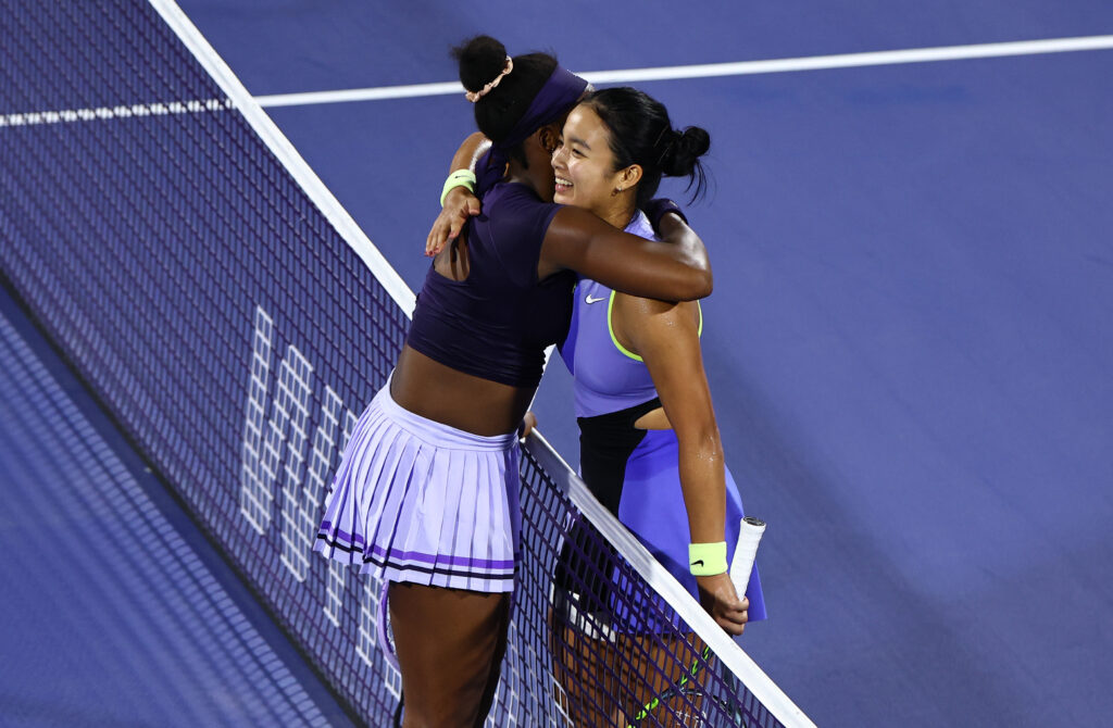 Coco Gauff and Alexandra Eala embrace at the Dubai Tennis Championships.