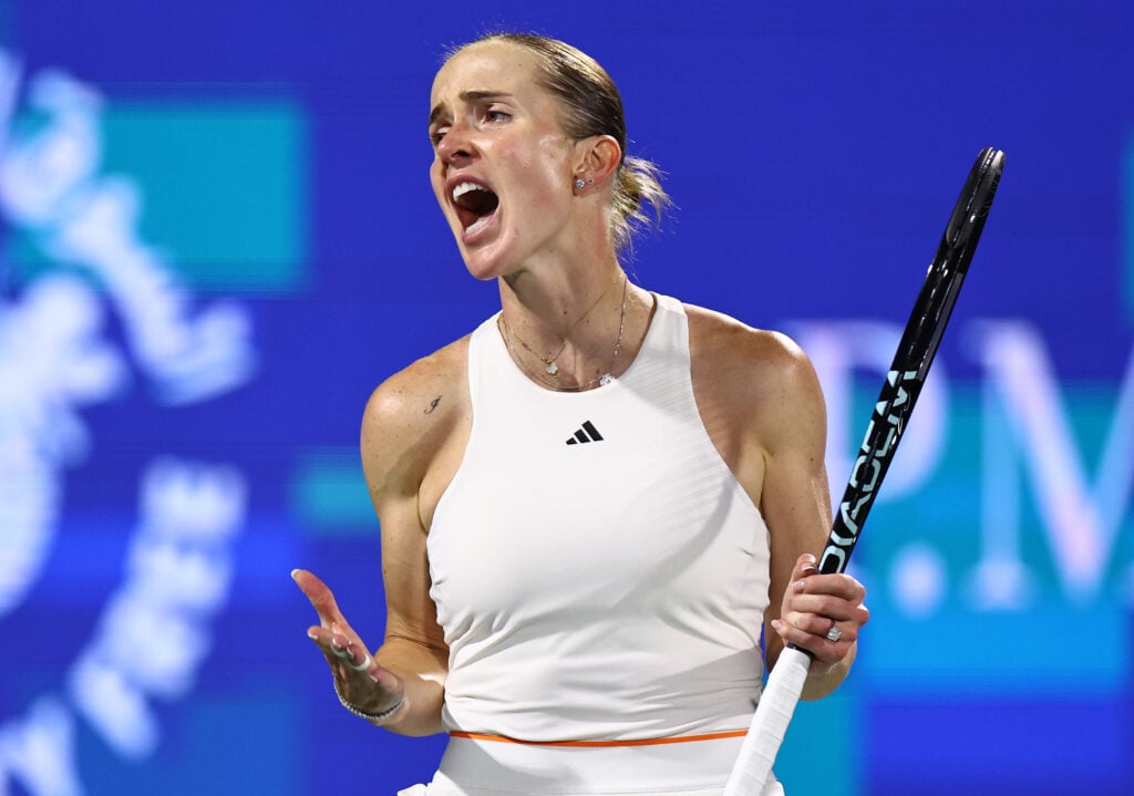 Elina Svitolina reacts during the 2026 Dubai Tennis Championships