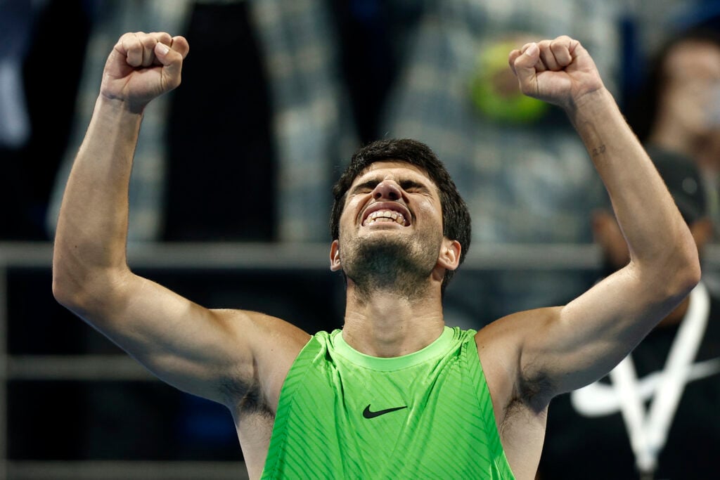 Carlos Alcaraz celebrates at the 2026 Qatar Open