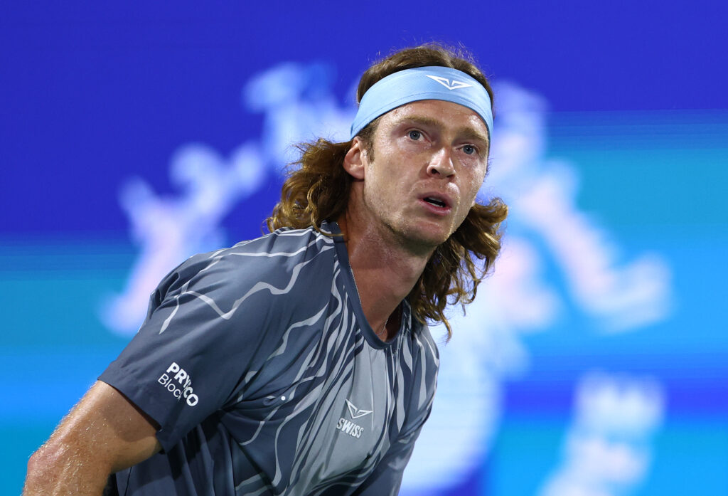 Andrey Rublev looks on at the Dubai Tennis Championships.