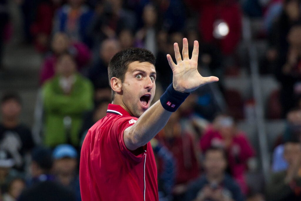 Novak Djokovic reacts at the 2014 China Open.