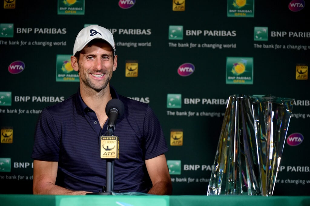 Novak Djokovic smiles at an Indian Wells press conference in 2016.