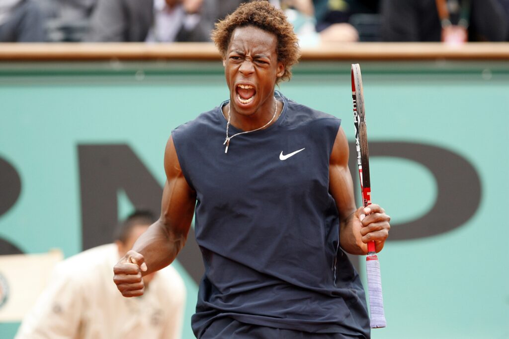 Gael Monfils celebrates at the 2008 French Open