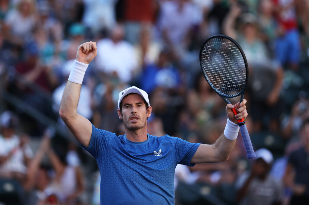 Andy Murray celebrates at the 2021 Indian Wells Open.