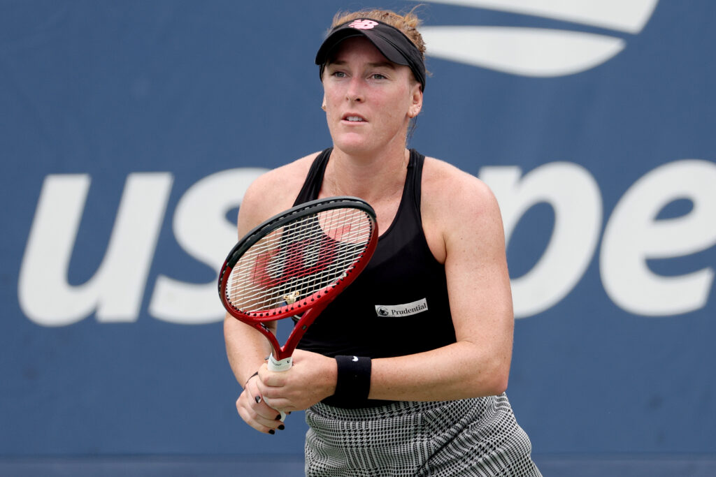 Madison Brengle in action during her match against Linda Noskova at the 2023 US Open.