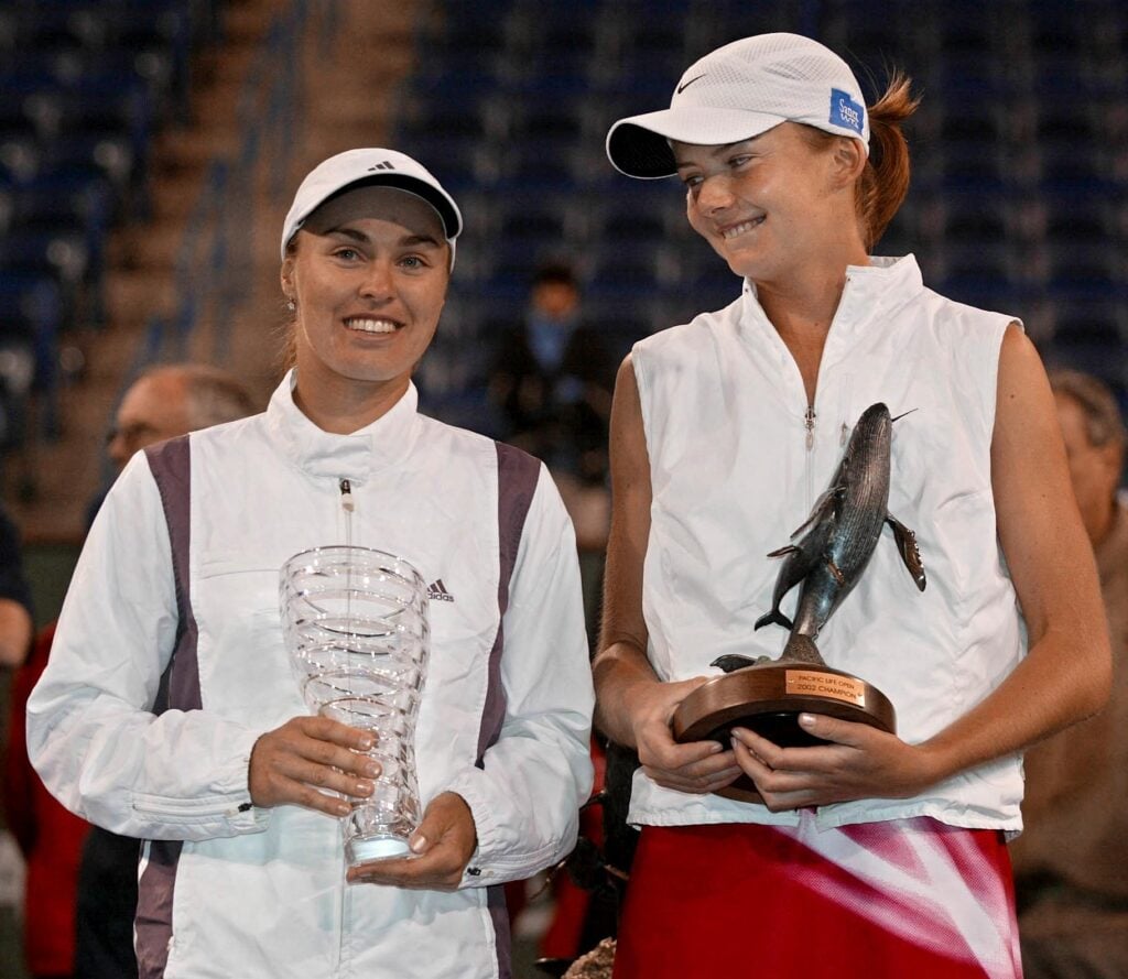 Daniela Hantuchova looks over at Martina Hingis after beating her in the 2002 Indian Wells final.
