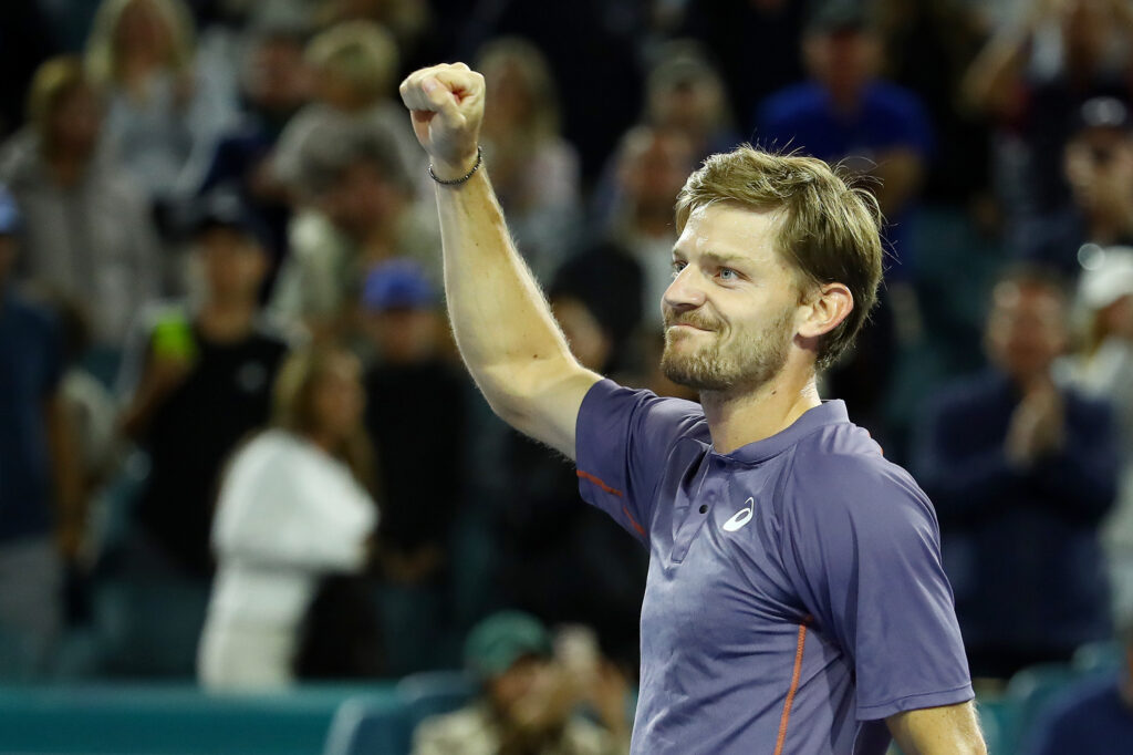 David Goffin celebrates after beating Carlos Alcaraz at the 2025 Miami Open.