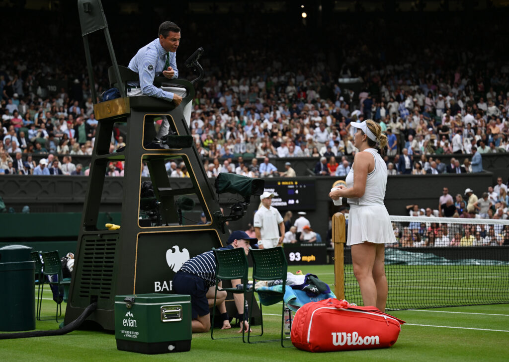 Anastasia Pavlyuchenkova speaks to the match umpire at Wimbledon in 2025.