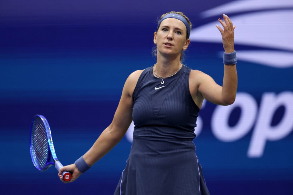 Victoria Azarenka expresses frustration during her match against Jessica Pegula at the 2025 US Open.
