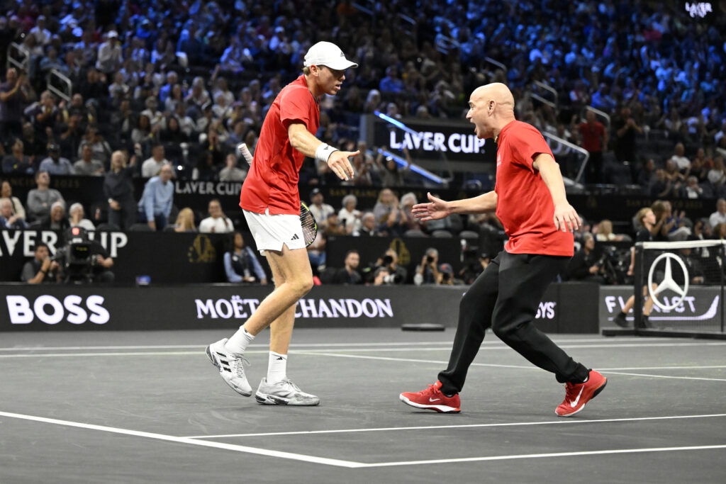 Alex Michelsen and Andre Agassi pictured together at the 2025 Laver Cup