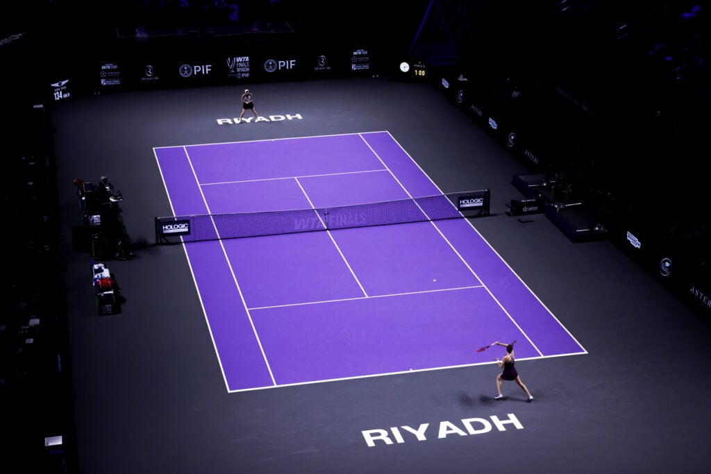 A general view of the court as Elena Rybakina plays Ekaterina Alexandrova at the 2025 WTA Finals.