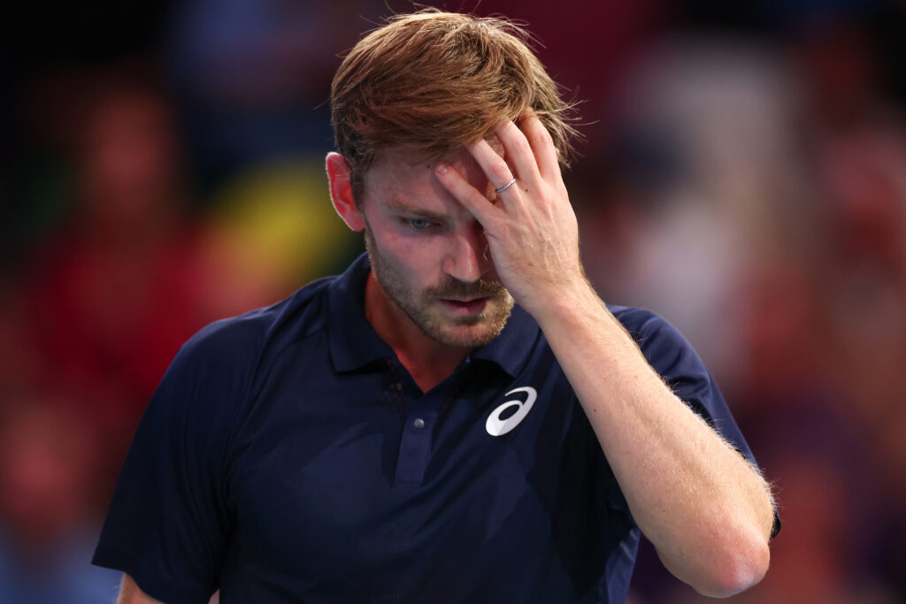 David Goffin appears dejected during his match against Casper Ruud at the UTS Grand Final event in London in 2025.