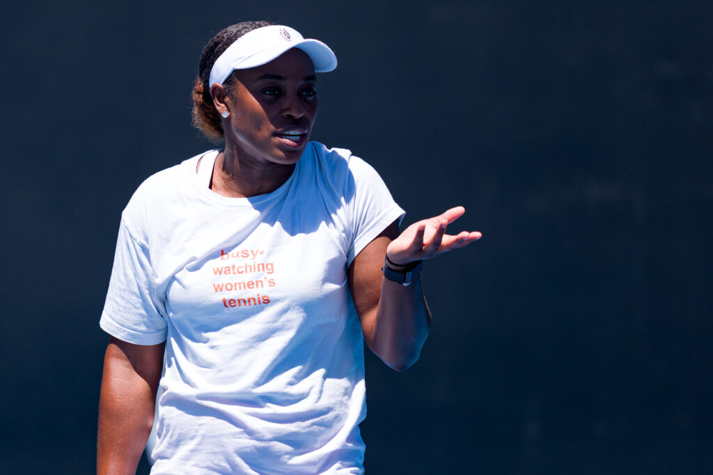Sloane Stephens reacts during a practice session ahead of the 2026 Australian Open.