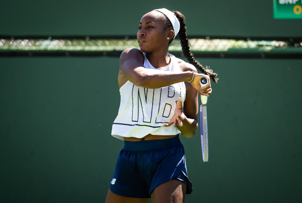 Coco Gauff hitting a forehand during her practice session at Indian Wells in 2026.