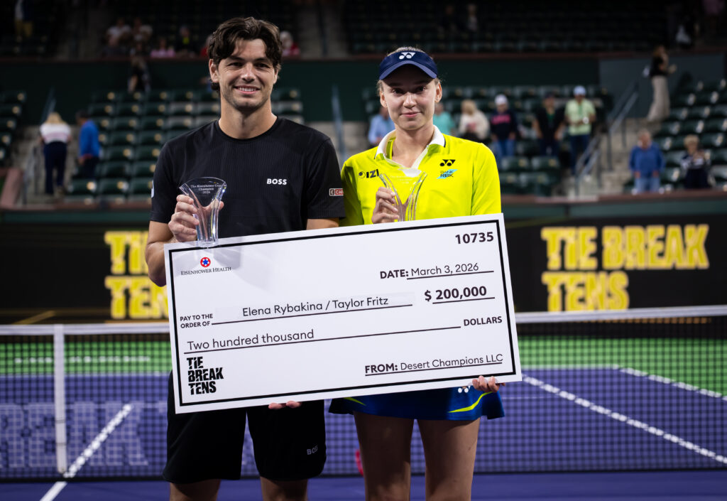 Taylor Fritz and Elena Rybakina pose with their trophies after winning the 2026 Eisenhower Cup.