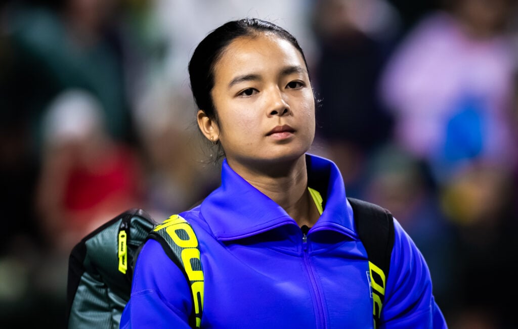 Alexandra Eala walks onto the court for her match against Dayana Yastremska at Indian Wells in 2026.