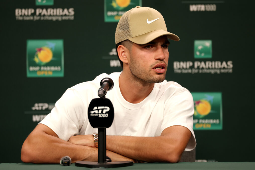 Carlos Alcaraz during his pre-tournament press conference at Indian Wells in 2026.