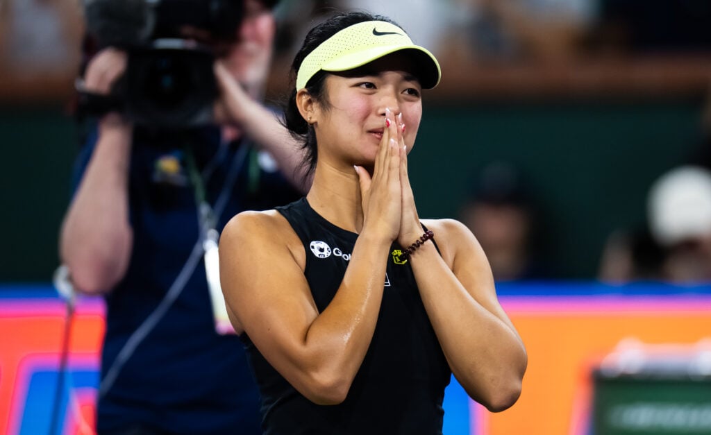 Alexandra Eala reacts after beating Coco Gauff at Indian Wells in 2026.