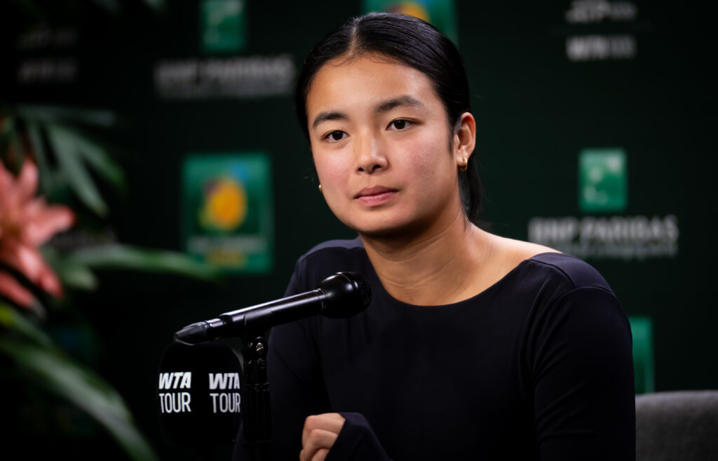 Alexandra Eala speaks in her post-match press conference after beating Coco Gauff via retirement at Indian Wells in 2026.