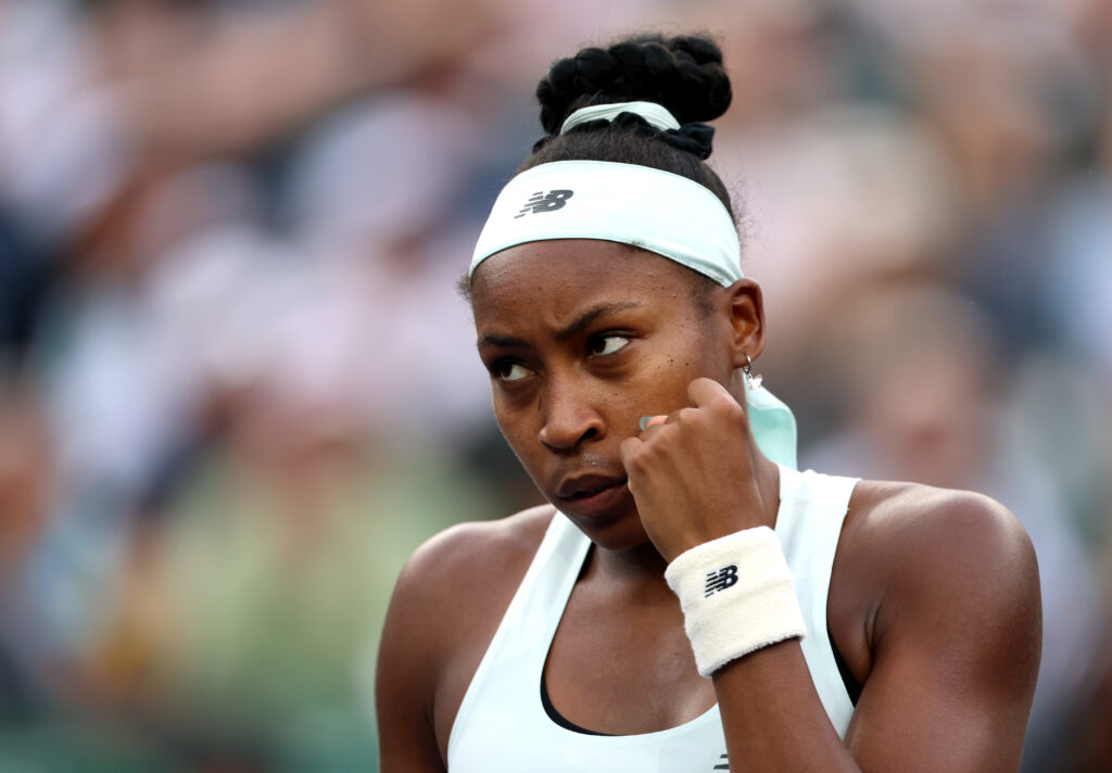 Coco Gauff reacts at the Indian Wells Open in 2026.
