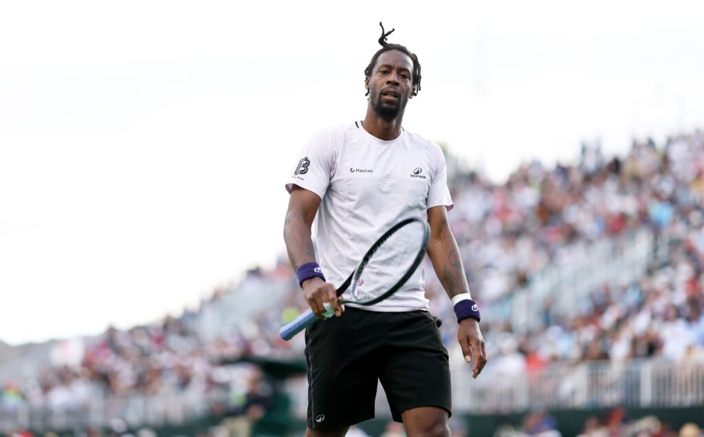 Gael Monfils reacts during defeat to Felix Auger-Aliassime at Indian Wells