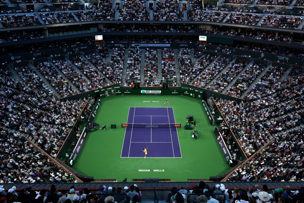 A view of Stadium 1 at Indian Wells during Carlos Alcaraz's match against Grigor Dimitrov.