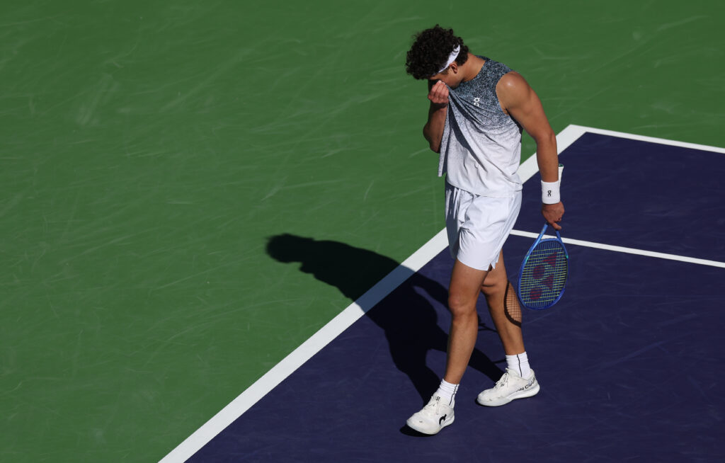 Ben Shelton appears dejected during his match at Indian Wells in 2026.