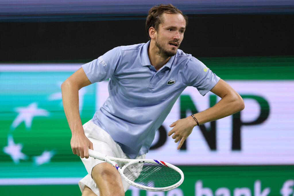 Daniil Medvedev in action during his match against Sebastian Baez at Indian Wells in 2026.