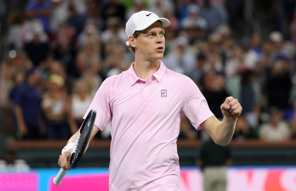 Jannik Sinner celebrates after beating Joao Fonseca at Indian Wells in 2026.