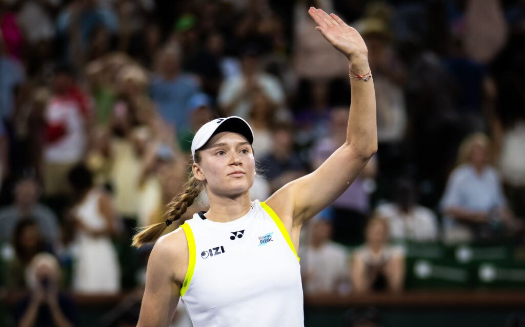 Elena Rybakina waves to the crowd after beating Elina Svitolina in the 2026 Indian Wells semifinals.