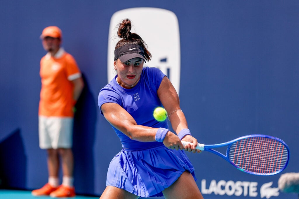 Bianca Andreescu hits a backhand during her qualifying match at the 2026 Miami Open.
