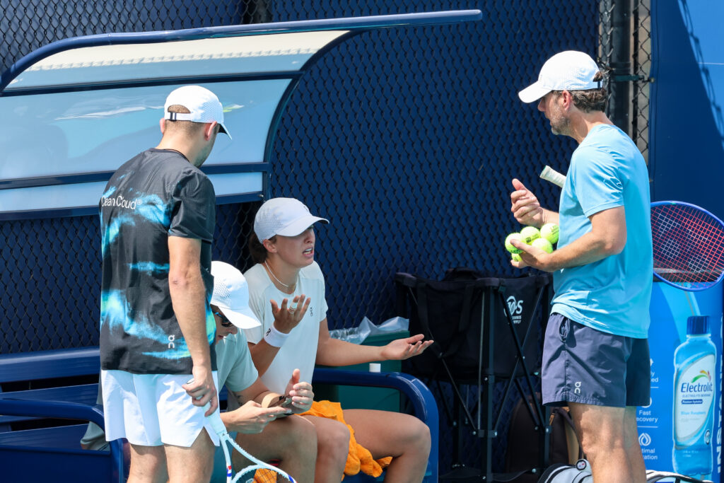 Iga Swiatek appears frustrated when sat down during a practice session ahead of the 2026 Miami Open.