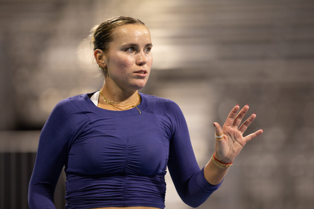 Sofia Kenin looks on during her match against Anna Blinkova at the 2026 Miami Open.