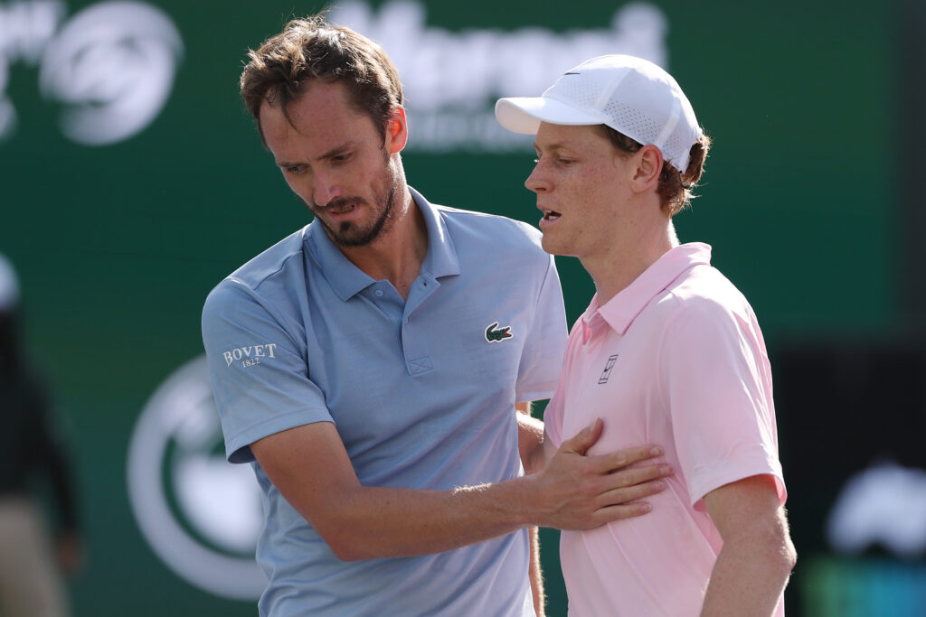 Jannik Sinner exchanges with Daniil Medvedev after beating him in the 2026 Indian Wells final.