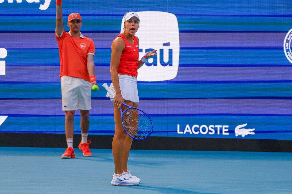 Magda Linette reacts at the Miami Open.