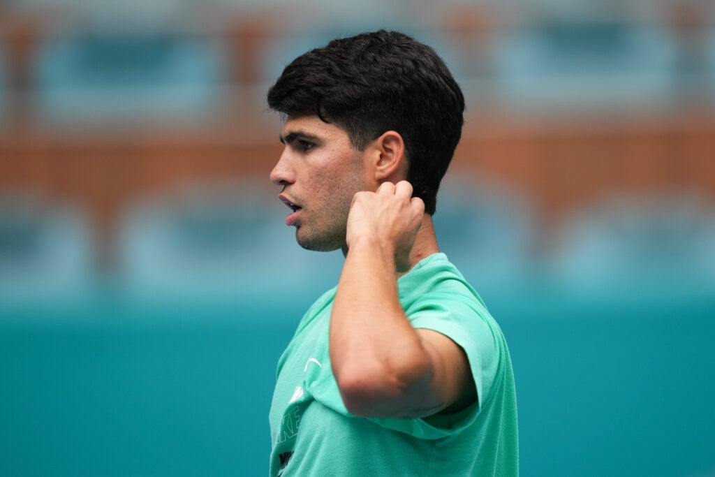 Carlos Alcaraz looks on during a practice session ahead of the 2026 Miami Open.