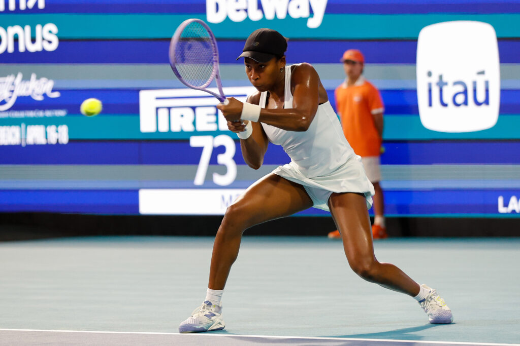 Coco Gauff hits a backhand against Alycia Parks at the 2026 Miami Open.