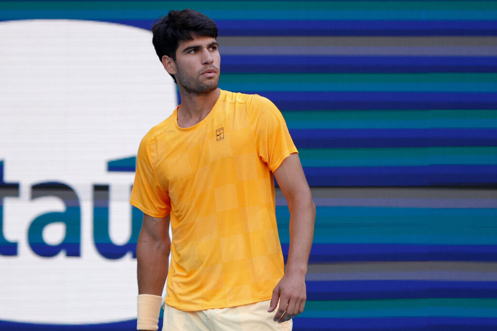Carlos Alcaraz looks on during his match against Sebastian Korda at the 2026 Miami Open.