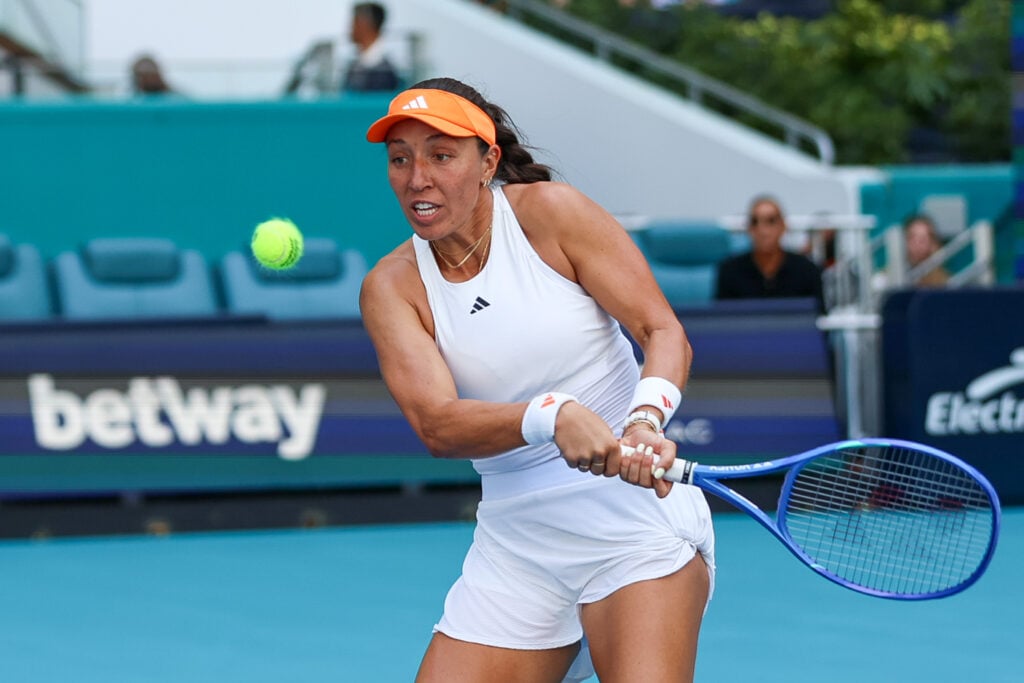 Jessica Pegula hits a backhand against Elena Rybakina at the 2026 Miami Open.