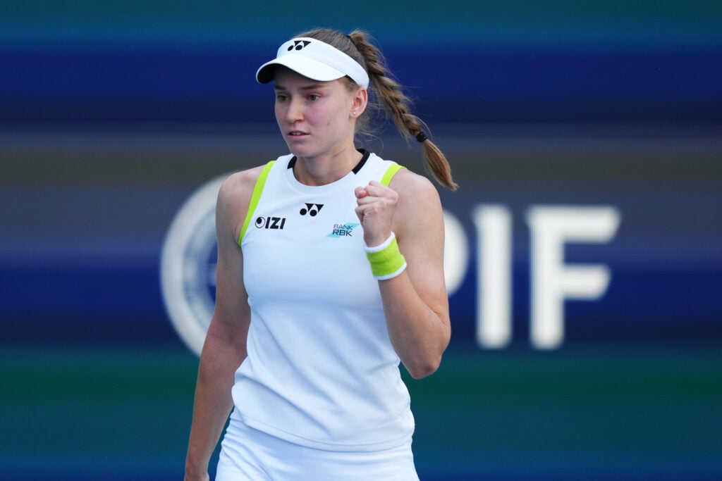 Elena Rybakina pumps her fist.
