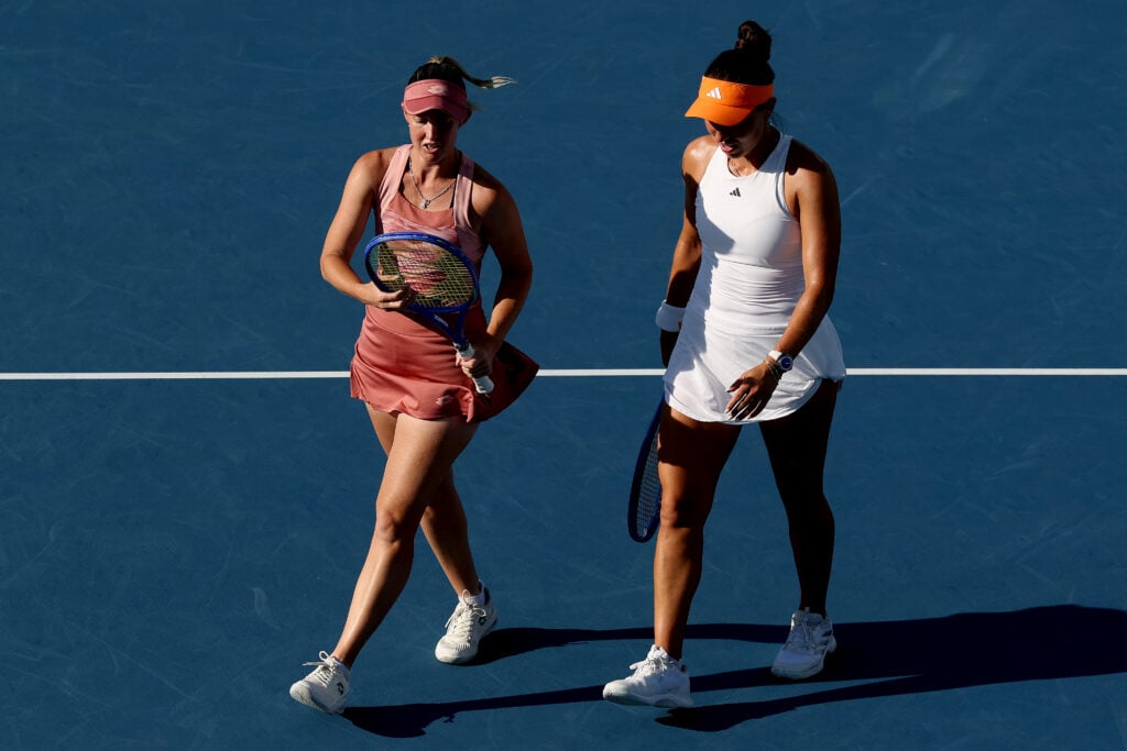 Storm Hunter and Jessica Pegula during their doubles match at the 2026 Miami Open.