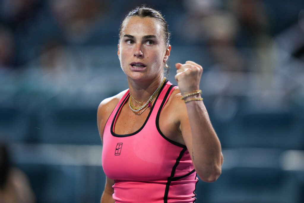 Aryna Sabalenka reacts after beating Hailey Baptiste at the 2026 Miami Open.