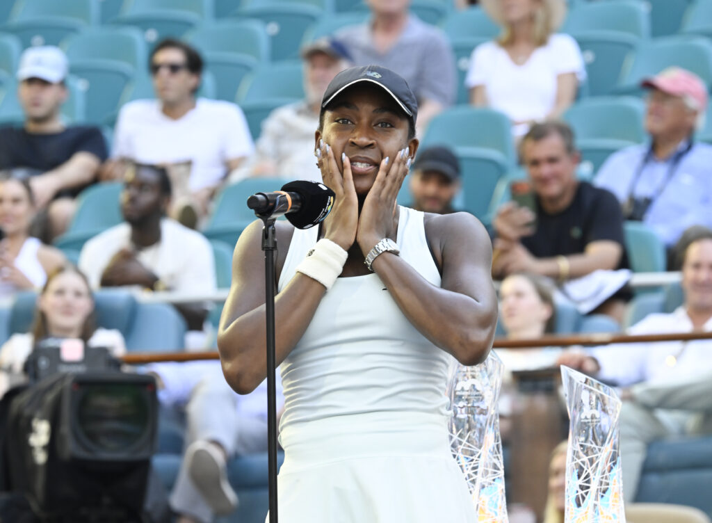 Coco Gauff speaks in her post-match speech after losing to Aryna Sabalenka in the 2026 Miami Open final.