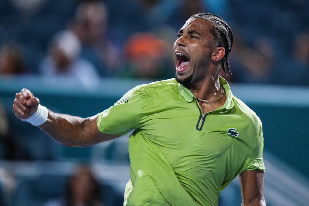 Arthur Fils celebrates after beating Tommy Paul at the 2026 Miami Open.